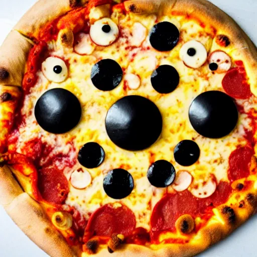 Prompt: a pizza with eye balls fingers on it, top view