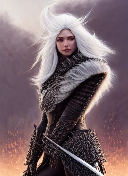 Image similar to fur leather armor!!! long wild white hair!! covered chest!!! fantasy, d & d, intricate ornate details, symmetry, concept art, sharp focus, illustration, art by artgerm! greg rutkowski magali villeneuve wlop! ilya kuvshinov!!, octane render, unreal engine 5, highly rendered!!