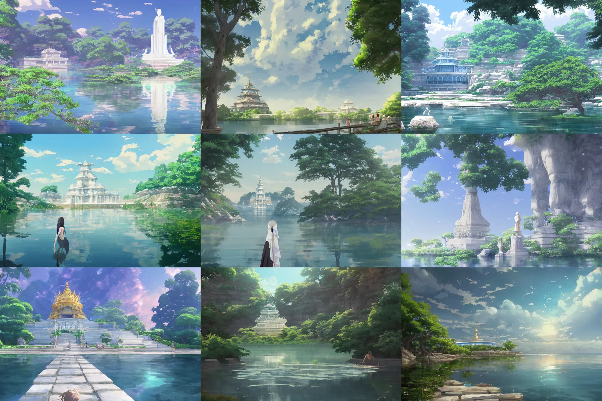 Prompt: a beautiful lake with a towering white marble temple to the water goddess, anime, a fantasy digital painting by makoto shinkai, trending on artstation, highly detailed