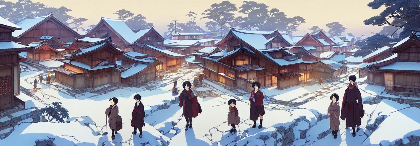 Image similar to japanese rural town, winter, in the style of studio ghibli, j. c. leyendecker, greg rutkowski, artem