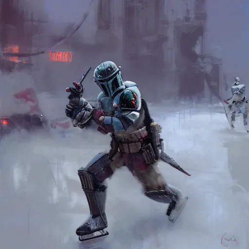 Prompt: the mandalorian, ice hockey setting, by craig mullins, jeremy mann, jeremy mann.