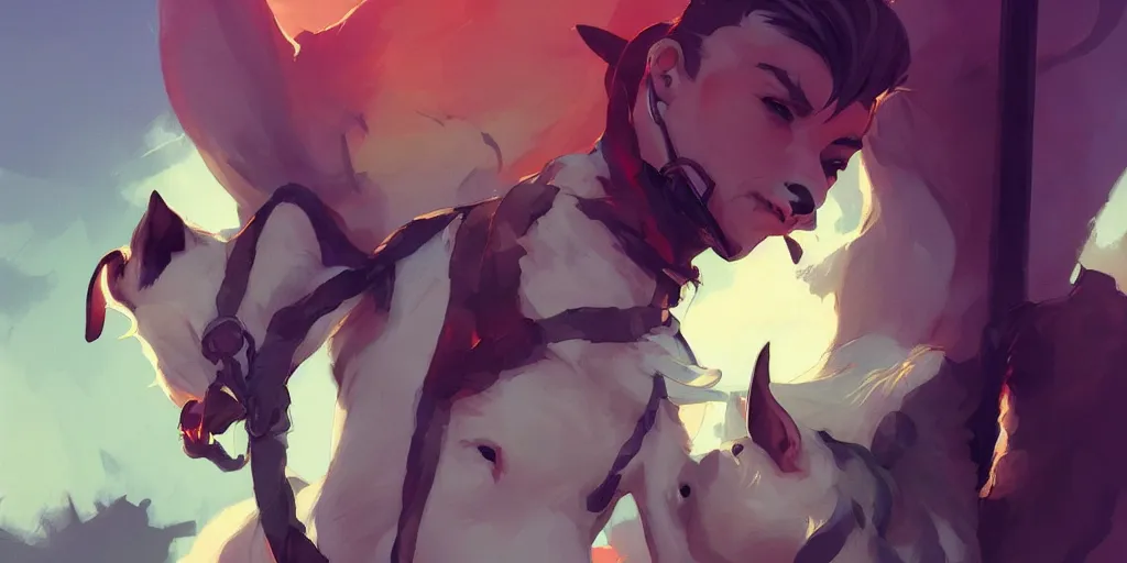 Prompt: a jack russell terrier tied a man to a pole in the style of artgerm, charlie bowater, atey ghailan and mike mignola, vibrant colors and hard shadows and strong rim light, plain background, comic cover art, trending on artstation