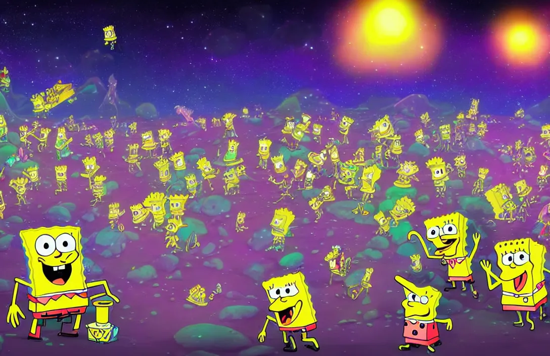 Image similar to spongebob rock concert on the moon, shot taken from behind spongebob on the stage looking the crowd, concert lighting, digital art, highly detailed, concept art, nickelodean style, party atmosphere, dark sky