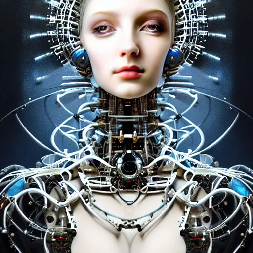 Prompt: portrait of the beautiful young robotic goddess of metal, surreal, fantasy, intricate, mechanical, elegant, dramatic lighting, emotionally evoking symbolic metaphor, highly detailed, gears, lifelike, photorealistic, digital painting, painterly, artstation, concept art, smooth, head in focus, sharp focus, illustration, art by John Collier and Krenz Cushart and Artem Demura and Alphonse Mucha and Albert Aublet,