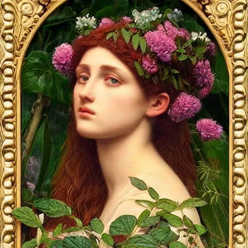 Prompt: Beautiful Pre-Raphaelite goddess of nature in the style of John William Godward, close-up portrait, in focus, flowers and plants, etheric, moody, intricate, mystical,