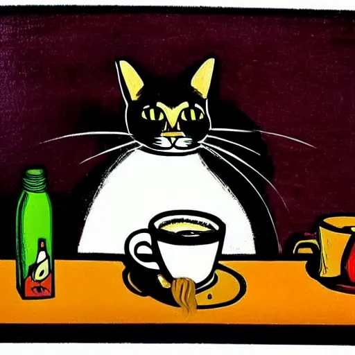 Prompt: a cat sitting at a table next to a cup of coffee, a pop art painting by art spiegelman, flickr, pop art, pop art, woodcut, lowbrow