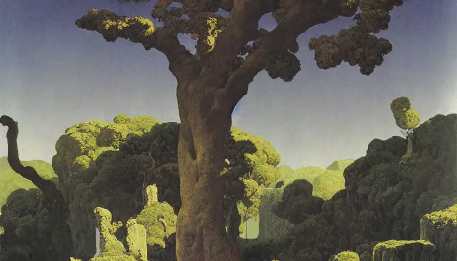 Image similar to Deep in the shady sadness of a vale far sunken from the healthy breath of morn, far from the fiery noon, and eve's one star, sat gray-hair'd Saturn, quiet as a stone, still as the silence round about his lair, matte painting by Maxfield Parrish