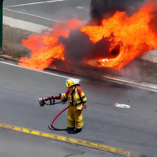 Image similar to a clown wearing firefighter clothes, using a flamethrower on a dumpster fire