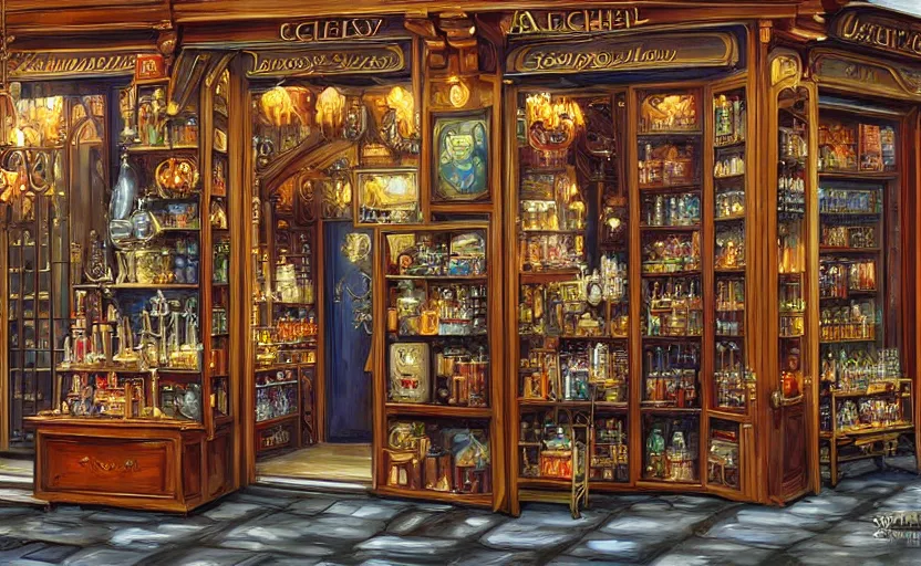 Image similar to Alchemy shop. By Konstantin Razumov, highly detailded