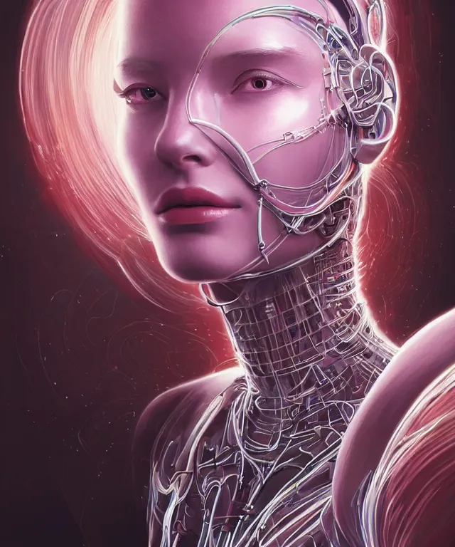 Image similar to a woman turning into an Android portrait wearing a part cybernetic body, surrealism , scifi, intricate, elegant, sharp eyebrows, ornate long flowing blonde hair, highly detailed cybernetic body, neon glowing eyes, digital painting, artstation, concept art, smooth, sharp focus, illustration, art by Artgerm and moebius and Peter Mohrbacher