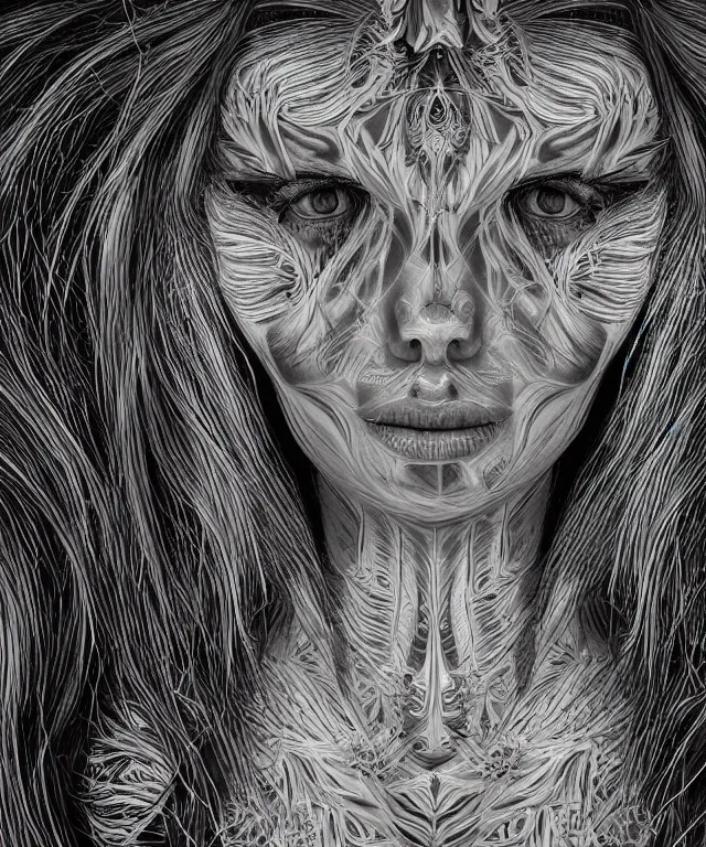 Image similar to A epic photo illustration of beautiful woman symmetrical portrait by Michael Sydney Moore, Alex Grey, hyper detailed, 50mm, award winning photography