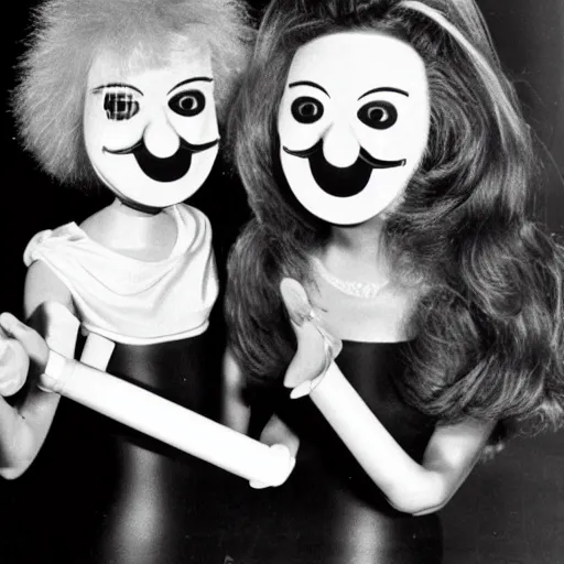 Image similar to 1978 twin women on tv show wearing an inflatable smileymask with a long prosthetic nose and googly eyes, technicolor wearing a leotard at the store 1978 color film 16mm holding a hand puppet Fellini John Waters Russ Meyer Doris Wishman