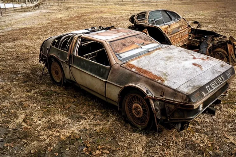 Image similar to rusty, derelict 1 9 2 2 delorean inside a dusty worn down old barn