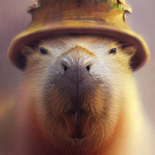 Image similar to detailed photorealistic painting of a capybara wearing a highly detailed ornamented crown typical, sharp focus in the style of ruan jia, Mandy jurgens, cinematic light, concept art, trending on artstation, photorealistic, ultra realistic