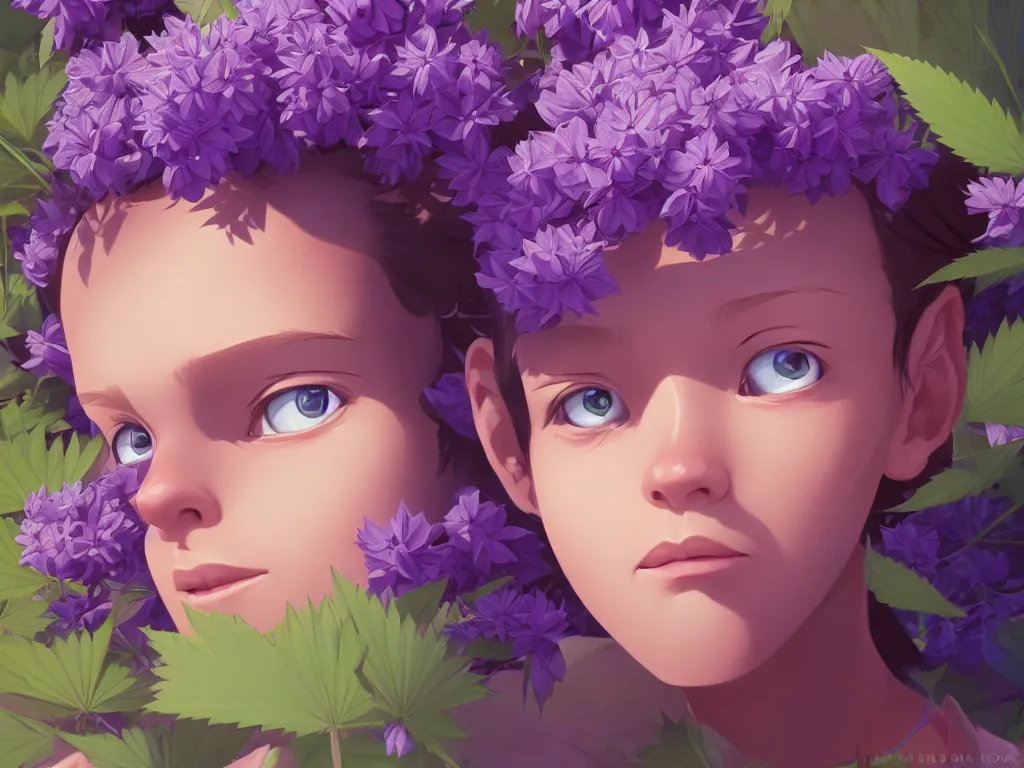 Prompt: single kid symmetrical beauty face in focus purple flowers of marijuana hemp cannabis, behance hd, by jesper ejsing, by rhads, makoto shinkai, lois van baarle, ilya kuvshinov, rossdraws global illumination, golden ratio