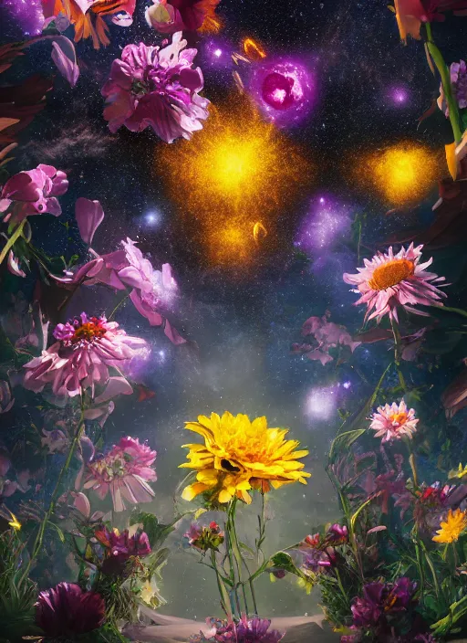 Image similar to An epic fantastic realism comic book style painting of the most beautiful flowers launched across the dark and starry cosmos, bouquets, fisheye lens, unreal 5, DAZ, hyperrealistic, octane render, dynamic lighting