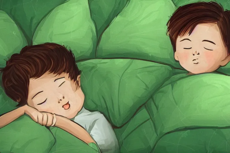 Image similar to a beautiful illustration of a little cute boy on his bed dreaming about a beautiful green forest, detailed face, beautiful colors, digital art