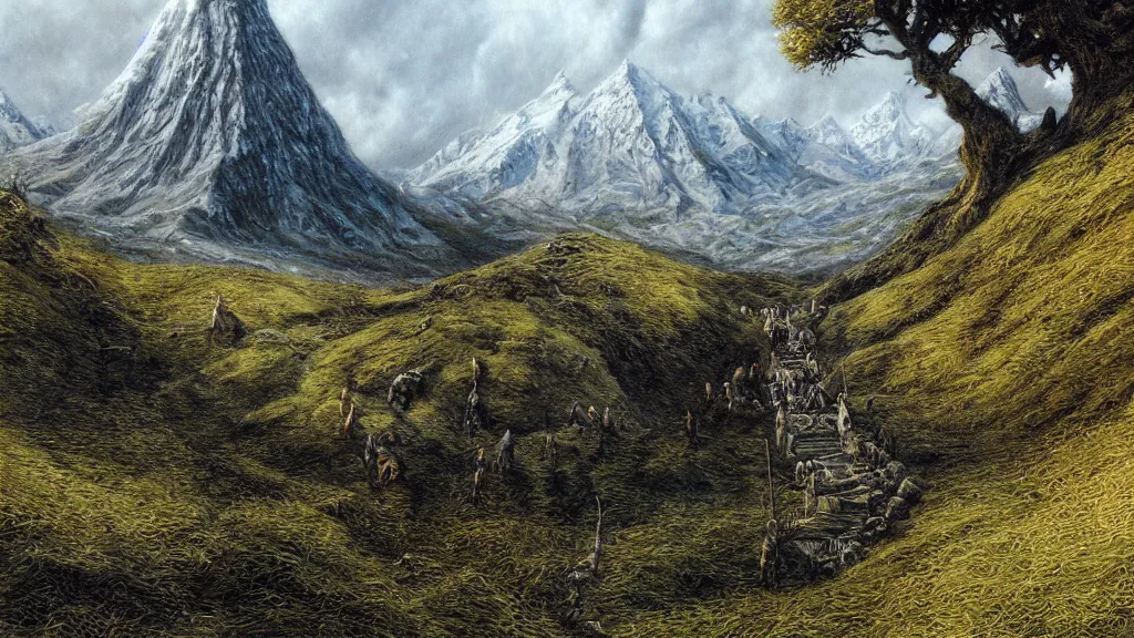 Image similar to lord of the rings scenery, by alan lee, intricate, lord of the rings calendar, smooth, detailed terrain, oil painting, high detail, trending artstation, concept art, matte painting