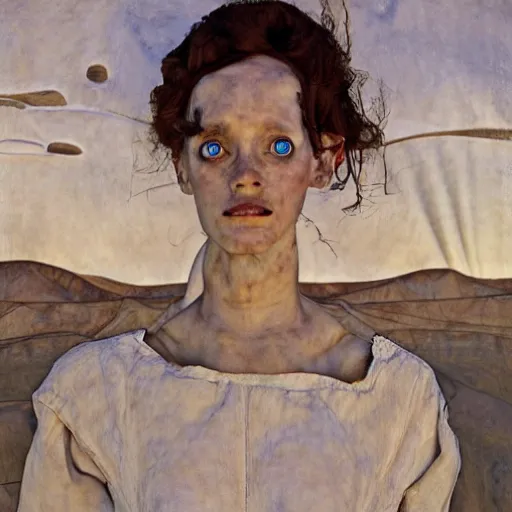 Prompt: a girl with white dress inside the desert by egon schiele and michael angelo, baroque, matte painting, concept art,highly detailed,sharp lines, hdri, 4k -