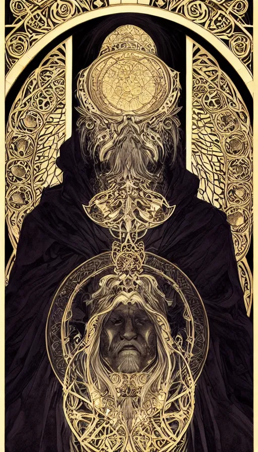 Image similar to one old man wore a black cloak, a black cloak and a white beard, highly detailed, very intricate, art nouveau, gold filigree, left right symmetry, tarot concept art watercolor illustration by mandy jurgens and alphonse mucha and alena aenami, featured on artstation