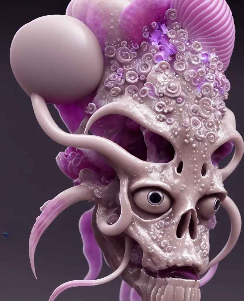 Image similar to goddess princess beautiful face close-up portrait ram skull plasticine sculpture. jellyfish phoenix head, nautilus, orchid, skull, betta fish, bioluminiscent creatures, intricate artwork by Tooth Wu and wlop and beeple. octane render, trending on artstation, greg rutkowski very coherent symmetrical artwork. cinematic, hyper realism, high detail, octane render, 8k