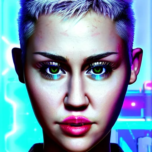 Image similar to miley cyrus portrait, Cyberpunk 2077, photorealistic, ultra detailed, cybernetic head, neon, octane, bokeh, cyber, cyber style, feature, scars, cyberface, 8k