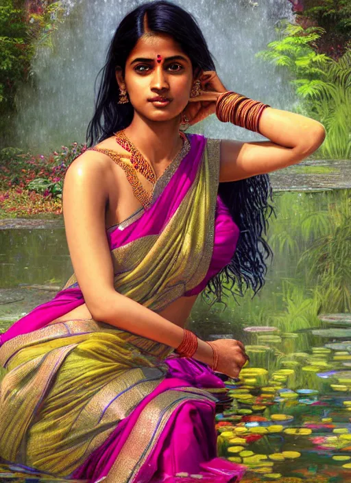 Image similar to a young indian lady wearing a sari relaxing by a pond, wet, shiny, fantasy, intricate, elegant, hyper detailed, ultra definition, photoreal, artstation, unreal engine rendered, concept art, smooth, sharp focus, illustration, art by artgerm and greg rutkowski and alphonse mucha and garis edelweiss