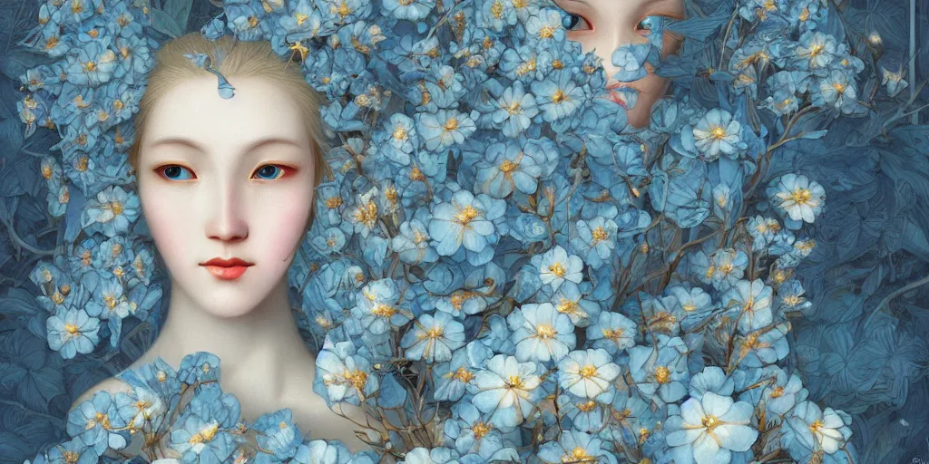 Image similar to breathtaking detailed concept art painting art deco pattern of blonde faces goddesses amalmation light - blue flowers with anxious piercing eyes and blend of flowers and birds, by hsiao - ron cheng and john james audubon, bizarre compositions, exquisite detail, extremely moody lighting, 8 k