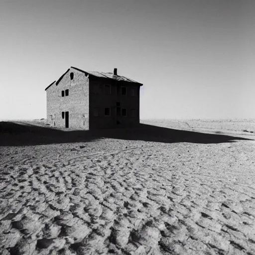 Image similar to Photograph of a generic soviet communist residential block standing lonely in a desert, dawn