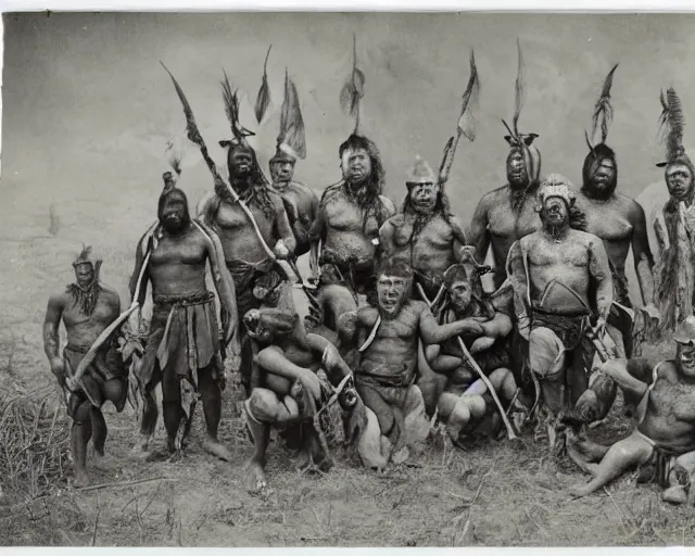 Prompt: group vintage photograph of a warrior orc tribe with a human explorer, highly detailed