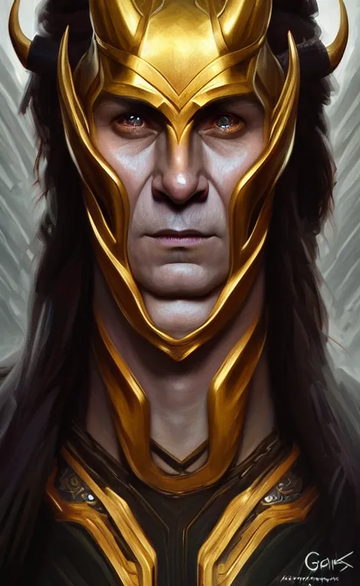 Image similar to symmetry!! intense portrait of loki in the style of god of war, machine parts embedded into face, intricate, elegant, highly detailed, digital painting, artstation, concept art, smooth, sharp focus, illustration, art by artgerm and greg rutkowski and alphonse mucha, 8 k