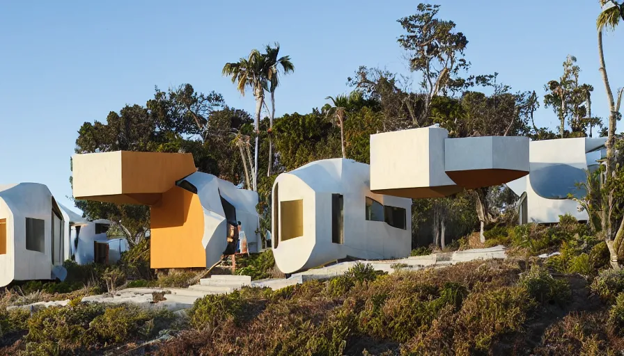 Image similar to An architectural rending of an eco-community neighborhood of innovative contemporary 3D printed sea ranch style cabins with rounded corners and angles, beveled edges, made of cement and concrete, organic architecture, on the California coastline with side walks, parks and public space , Designed by Gucci and Wes Anderson, golden hour