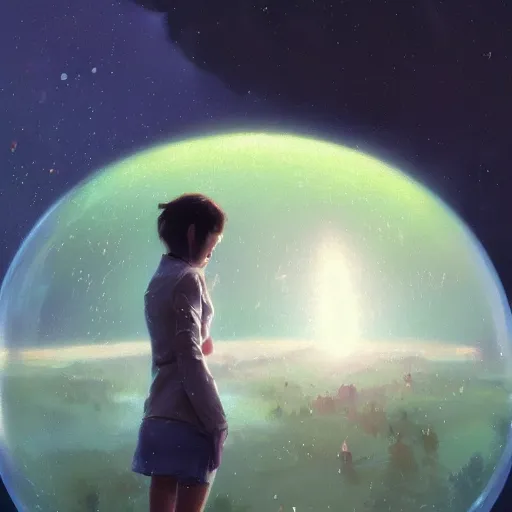 Image similar to A ultra detailed beautiful panting of a fragile and delicate bubble containing the last lightning of green hope, oil panting, high resolution 4K, by Ilya Kuvshinov, Greg Rutkowski and Makoto Shinkai