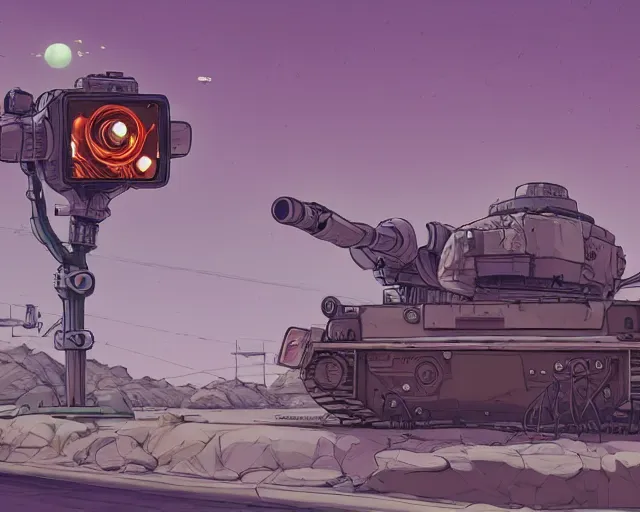 Prompt: a study of cell shaded cartoon tank with a giant camera on it on a desert road, street lamps, road, illustration, wide shot, subtle colors, post grunge, concept art by josan gonzales and wlop, by james jean, victo ngai, highly detailed, sharp focus, trending on artstation, hq, deviantart, art by artgem