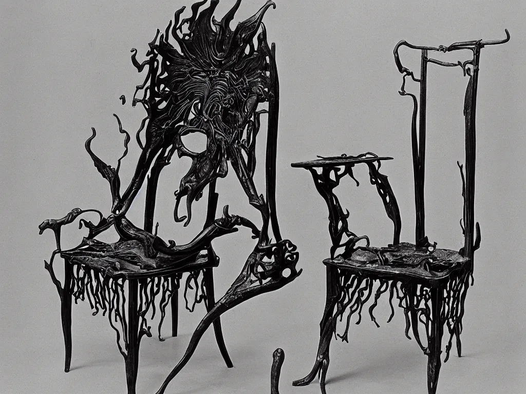 Prompt: flaming gothic chair with home of the wasp. karl blossfeldt, salvador dali