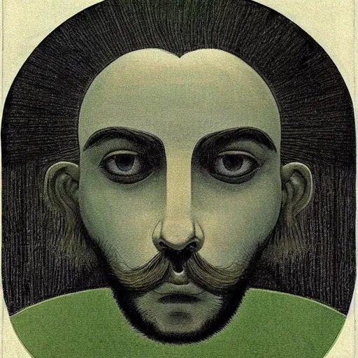 Prompt: young man, long hair!!!!, short facial hair, no mustache, dark green eyes, dark eyebrows, light widows peak light facial hair, in the style of mauritz cornelis escher, in - frame