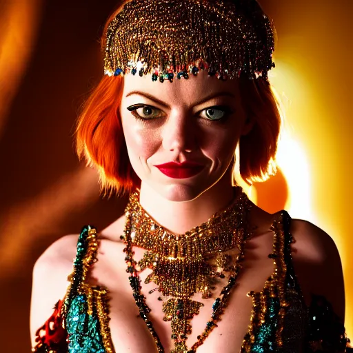 Image similar to a digital portrait of emma stone dressed as a belly dancer, arabian night, high quality, fully detailed, 4 k, in focus face with fine details