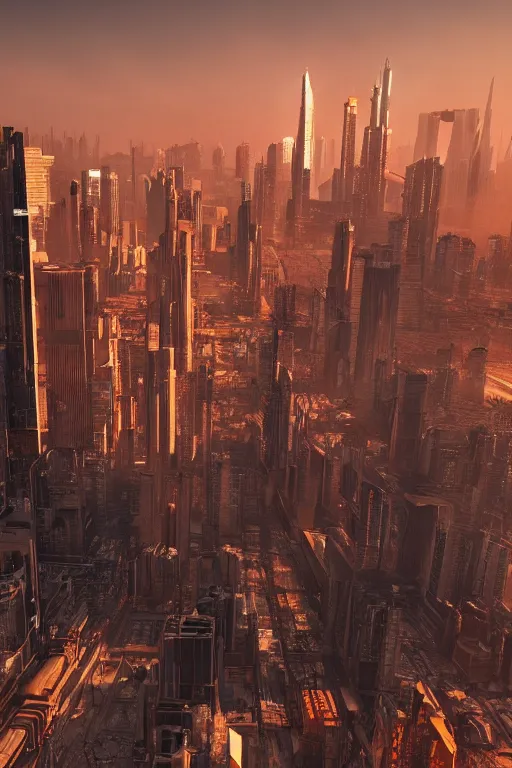 Image similar to cyberpunk cityscape with tall buildings at dusk golden hour orange cinematic lighting, epic composition. A golden daylight, hyper-realistic environment. Hyper and intricate detail, photo-realistic. Cinematic and volumetric light. Epic concept art. Octane render and Unreal Engine, trending on artstation