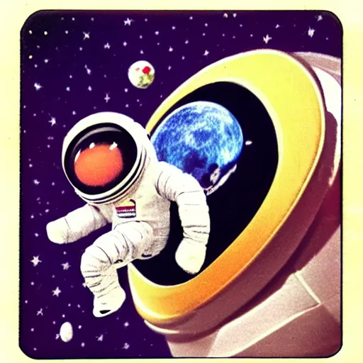 Image similar to polaroid of a cute toy wool astronaut in real space