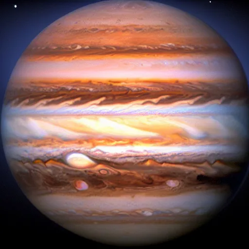 Image similar to a photograph taken by a camera on europa, photograph is of jupiter in the sky, the horizon is visible,