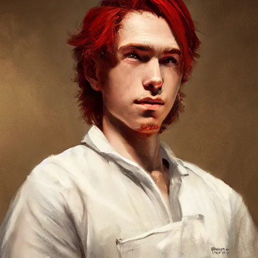 Prompt: masterpiece closeup portrait of a young man with red hair in a white apron by Greg Rutkowski, 4k, masterpiece, cinematic, dungeons and dragons, detailed