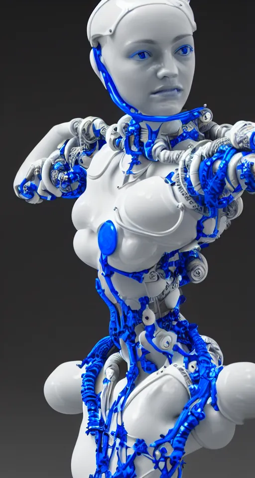 Image similar to portrait of a graceful cyborg, made of porcelain of delft, blue of delft, mechanical details, fluid cable, octane, 8 k resolution, detailed, realistic