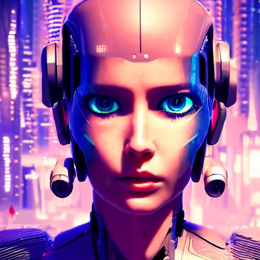 Image similar to A cyberpunk portrait of a cute woman with one robotic eyes, robot, cyborg, detailed, textured, artstation, Blade Runner, Ghost in the Shell, Alita, Battle Angle, Cyberpunk 2077, Pinterest, photorealism, octane render.