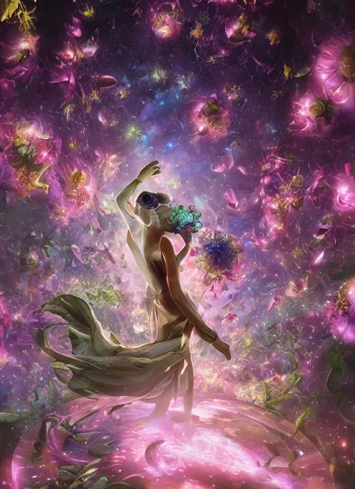 Prompt: An epic fantastic realism comic book style painting of the most beautiful flowers launched across the dark cosmos, bouquets, perfect shiny iridescent silver spheres, fisheye lens, unreal 5, DAZ, hyperrealistic, octane render, dynamic lighting