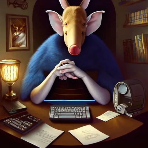 Prompt: aardvark moderating an internet forum on his ibm personal computer, elegant intricate digital painting artstation concept art by mark brooks and brad kunkle detailed