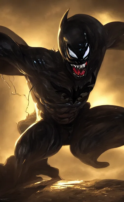 Image similar to venom as batman, dynamic lighting, photorealistic fantasy concept art, trending on art station, stunning visuals, terrifying, creative, cinematic