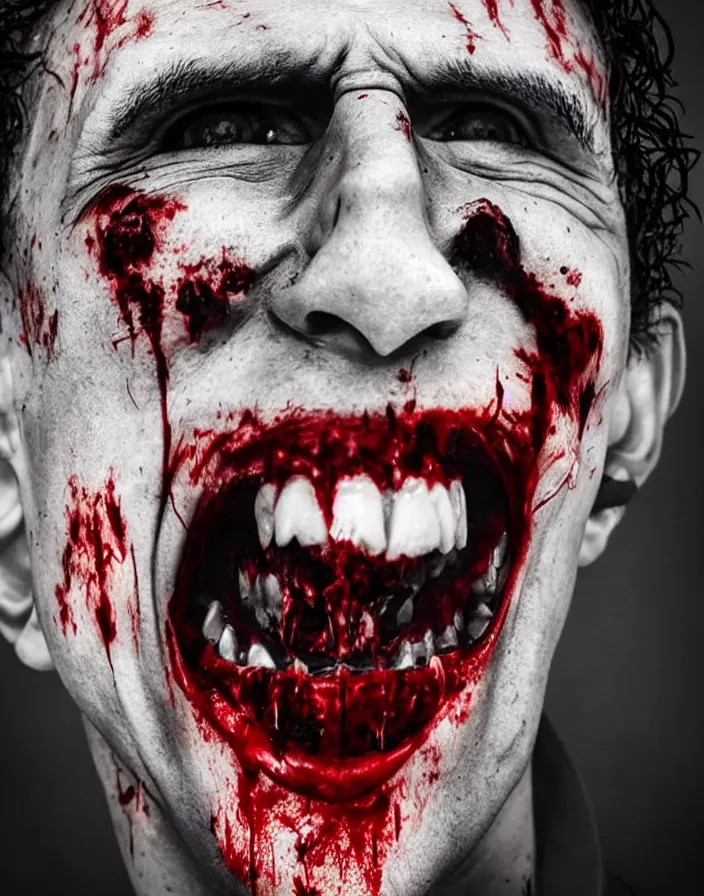 Prompt: a really creepy photography of joker laughing open mouth, hyper realistic, ultra detailed, portrait photo, black background, horror, blood