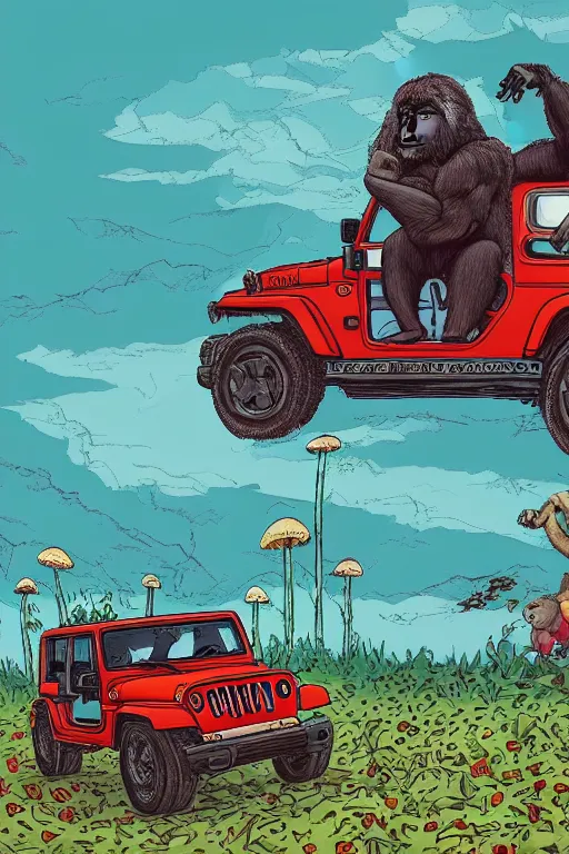 Image similar to gorilla driving a jeep holding a amanita muscaria, sunshine, by alba ballesta gonzalez and moebius. 4 k wallpaper, digital flat 2 d, japan animation, comic book, illustration, cinematic lighting, smooth sharp focus.