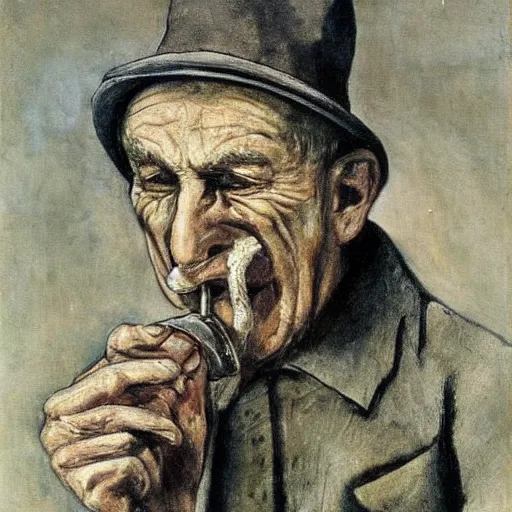 Image similar to a sad old man with his pipe in his mouth, high quality, high resolution,detailed, oil painting by otto dix (1921)