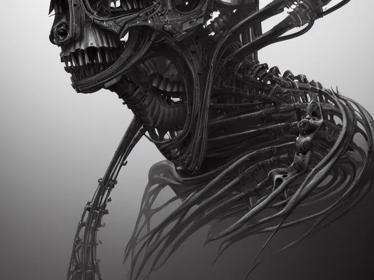 Image similar to a biomechanical woman on the verge of death, by h. r. giger, 8 k, digital painting, stylized, dark gray color scheme, dynamic lighting, octane, trending on artstation
